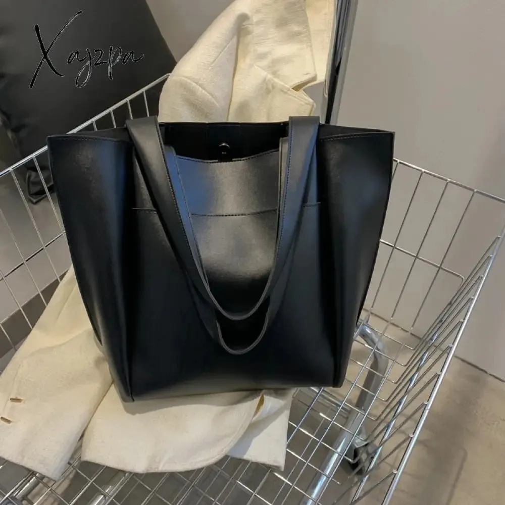 Xajzpa - High Quality Soft Leather Woman Casual Tote Shopper Solid Color Handbags Large Capacity Single Shoulder Bag with Outer Pocket